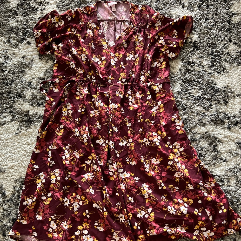 Isabel maternity XL maroon floral tie waist dress midi
